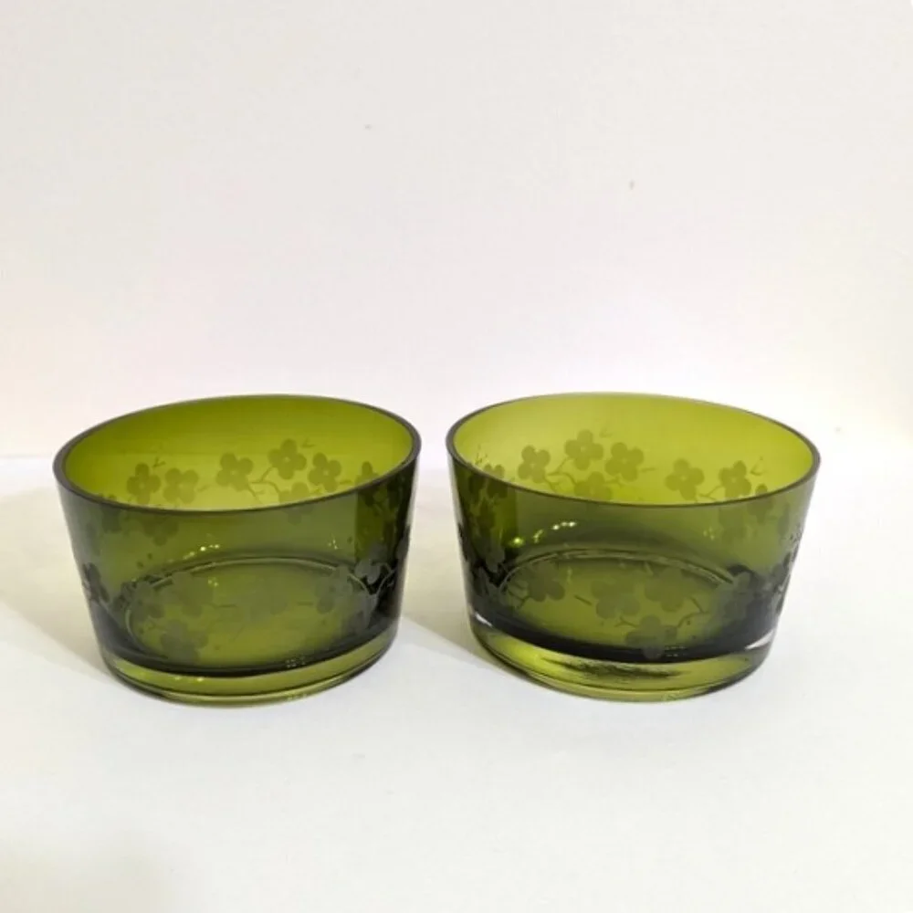 Elegant Avocado Green Etched Floral‎ Glass Bowls Set of 2